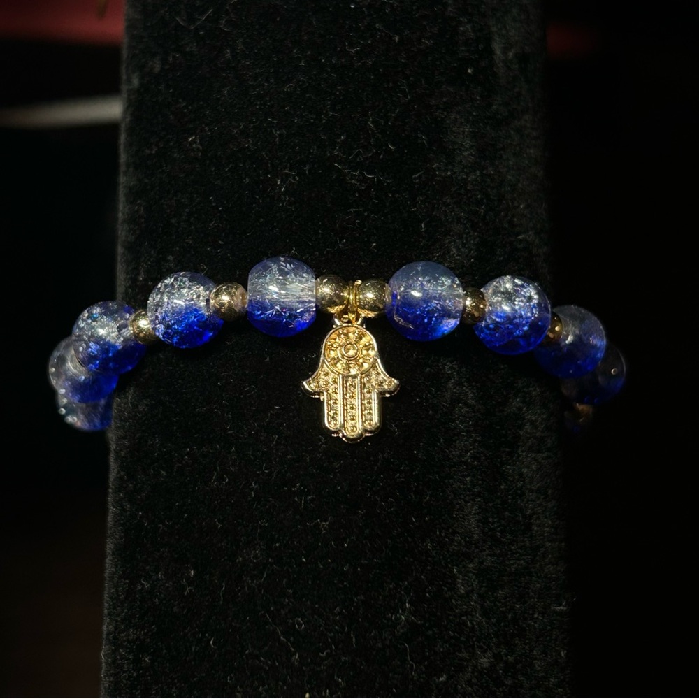 Blue and Clear Glass Beaded Bracelet with Gold Hamsa Hand Protection Charm